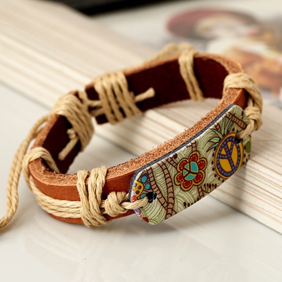 Boho Gypsy Peace Vintage Leather Bangle Bracelet - Picture 4 of 6